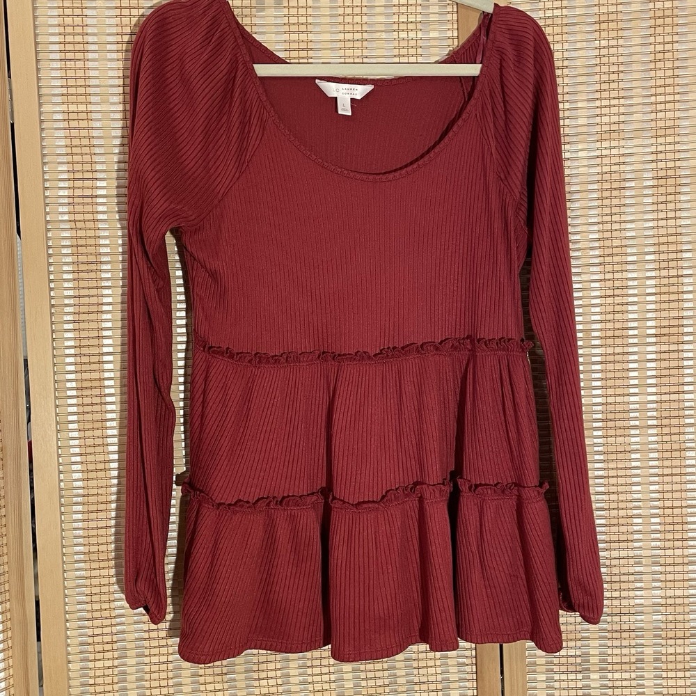 Lauren Conrad Womens L Red Ribbed Knit Tiered Long Sleeve‎ Tunic Boho Office